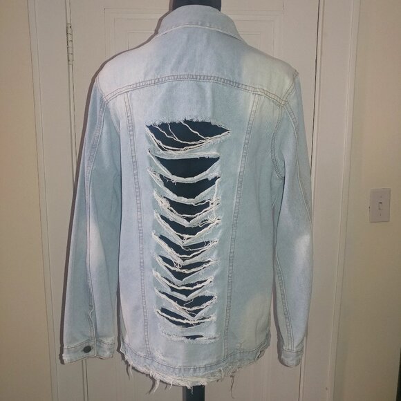 mono b: Distressed Ripped Light Wash Denim Jacket - Women's Size Large - Picture 2 of 11